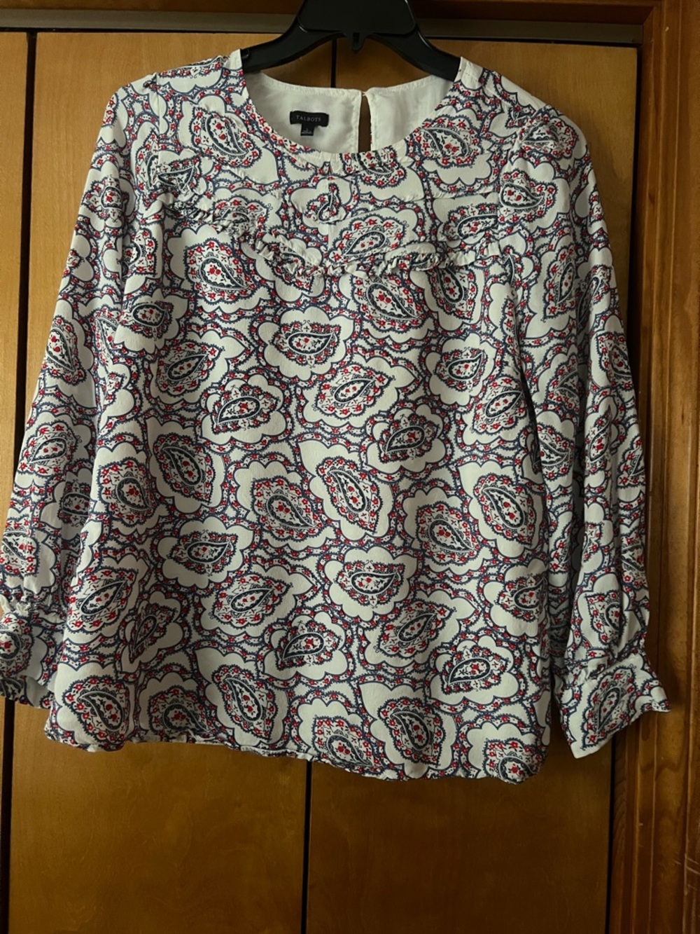 Talbots White Paisley Ruffle-Front Long Sleeve Blouse
